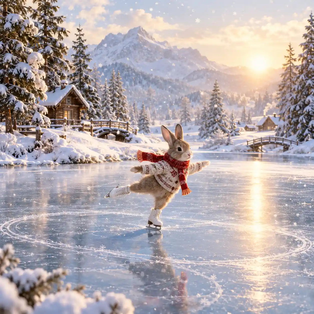Rabbit skating on a frozen lake in winter sunlight