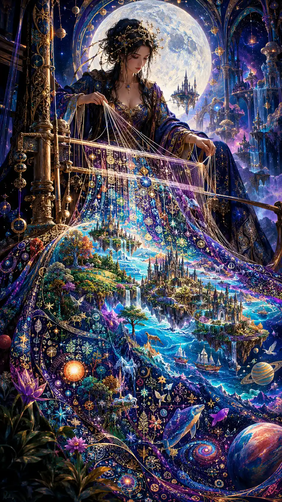 Woman Weaving A Luminous Fantasy Universe On Cosmic Loom