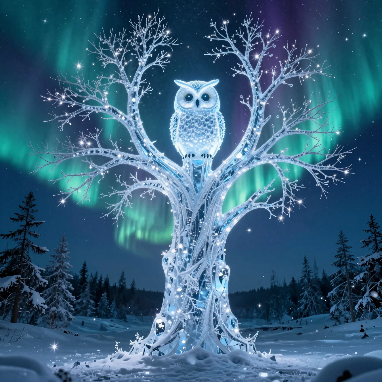 Búho chibi luminoso posado en un árbol helado de noche