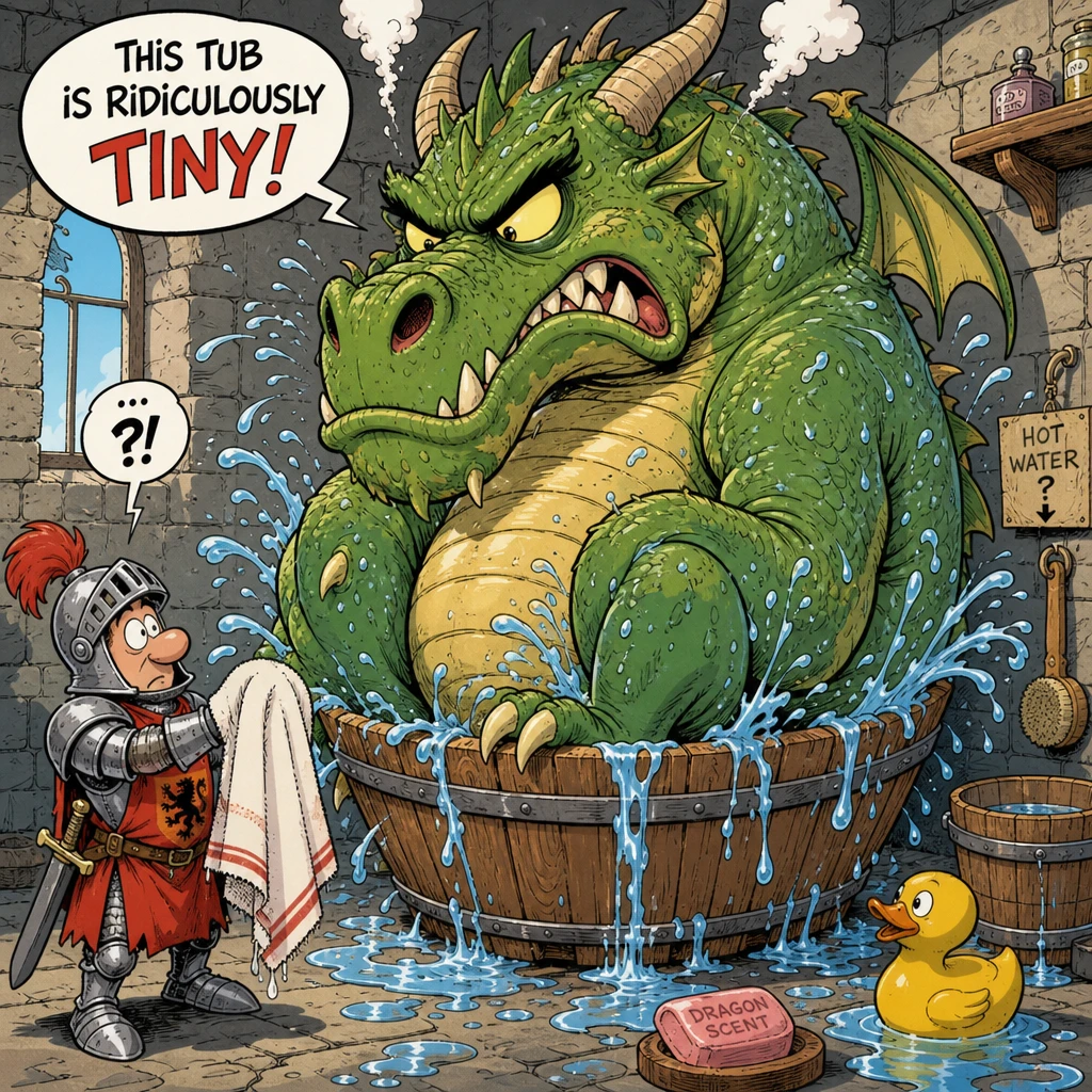 Dragón gruñón apretujado en una diminuta bañera de madera – dibujo animado