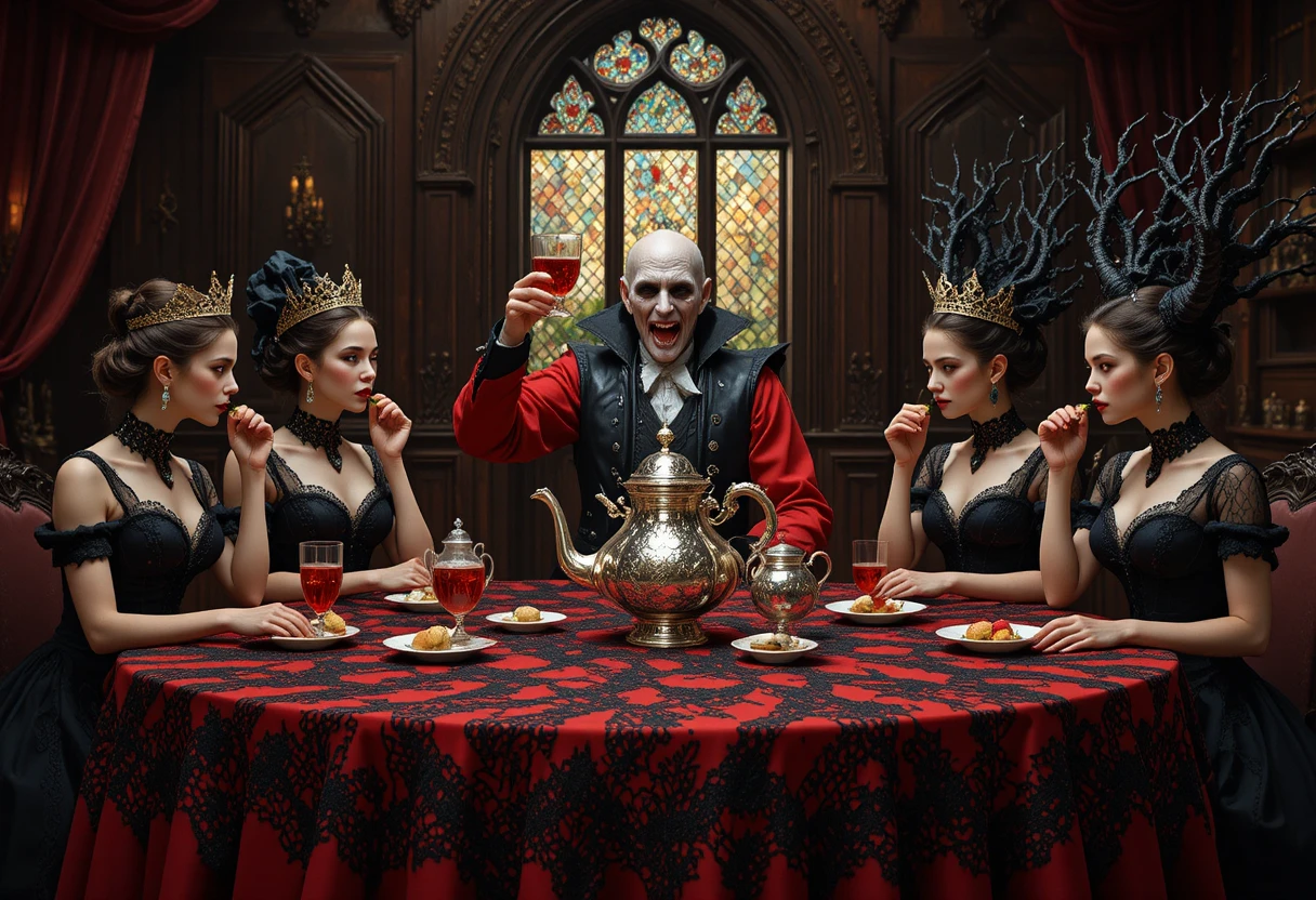 Mujeres vampiro comparten té rojo en un banquete real gótico