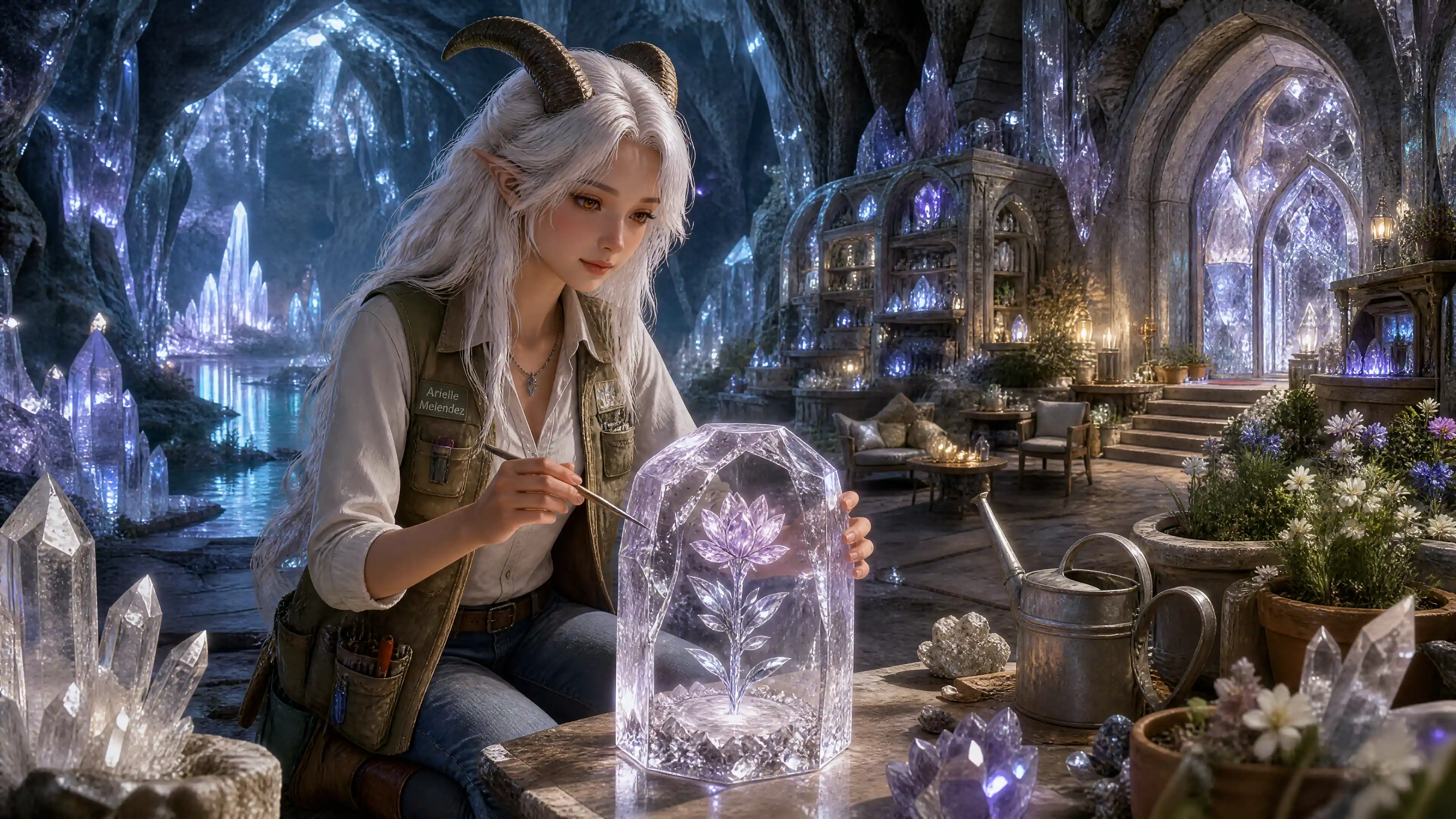 Horned gardener woman in a luminous crystal cavern