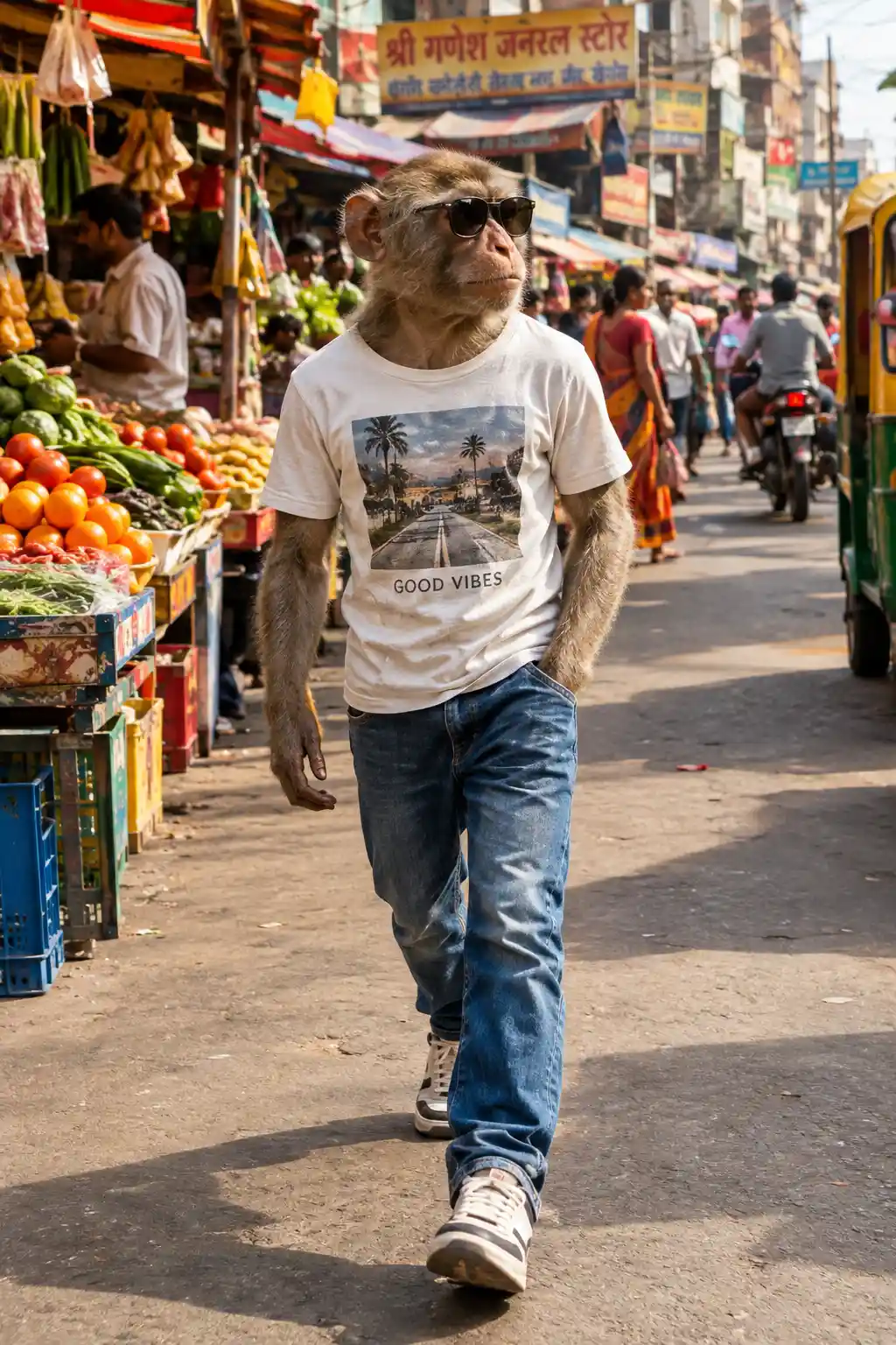Anthropomorphic Monkey Walking Through Indian Street Market