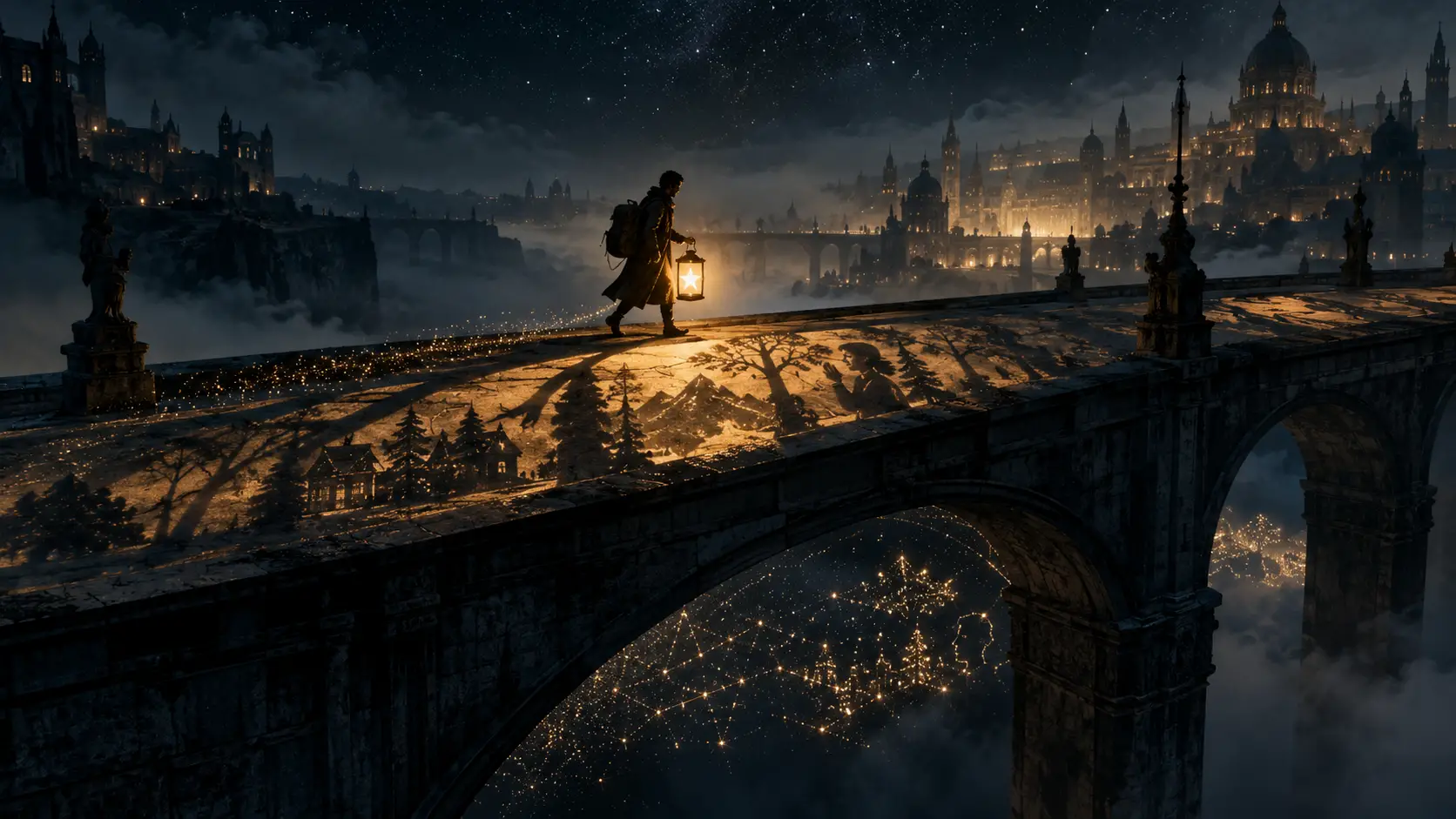 Lone traveler crossing ancient bridge with glowing star lantern