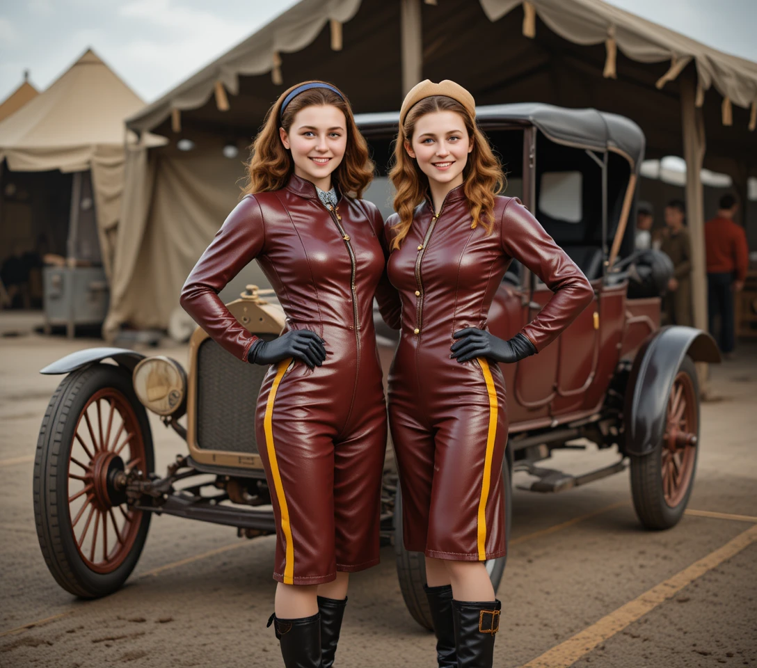 Stylish women posing as drivers on a vintage racetrack