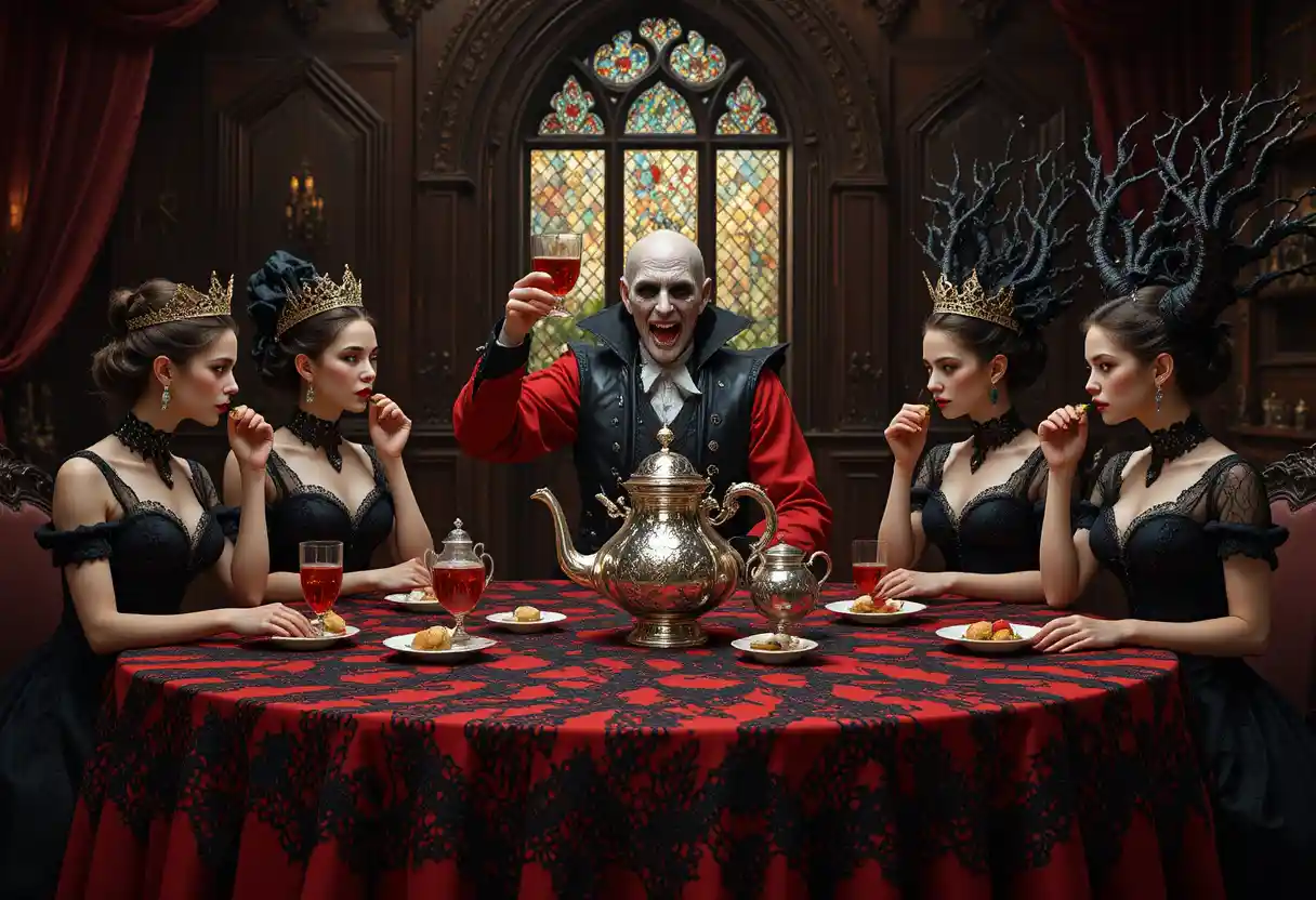 Mujeres vampiro comparten té rojo en un banquete real gótico