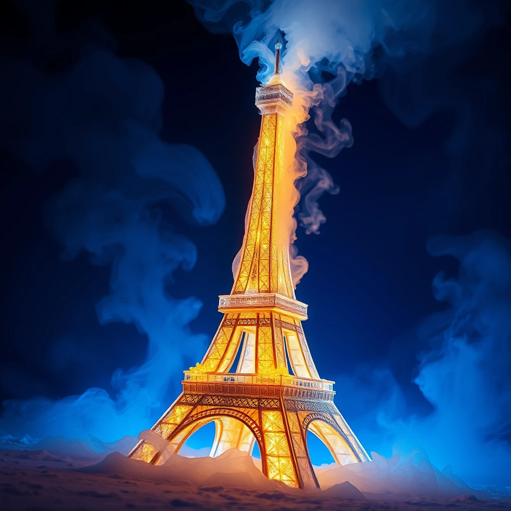 Golden ice cube Eiffel Tower with glowing neon aurora
