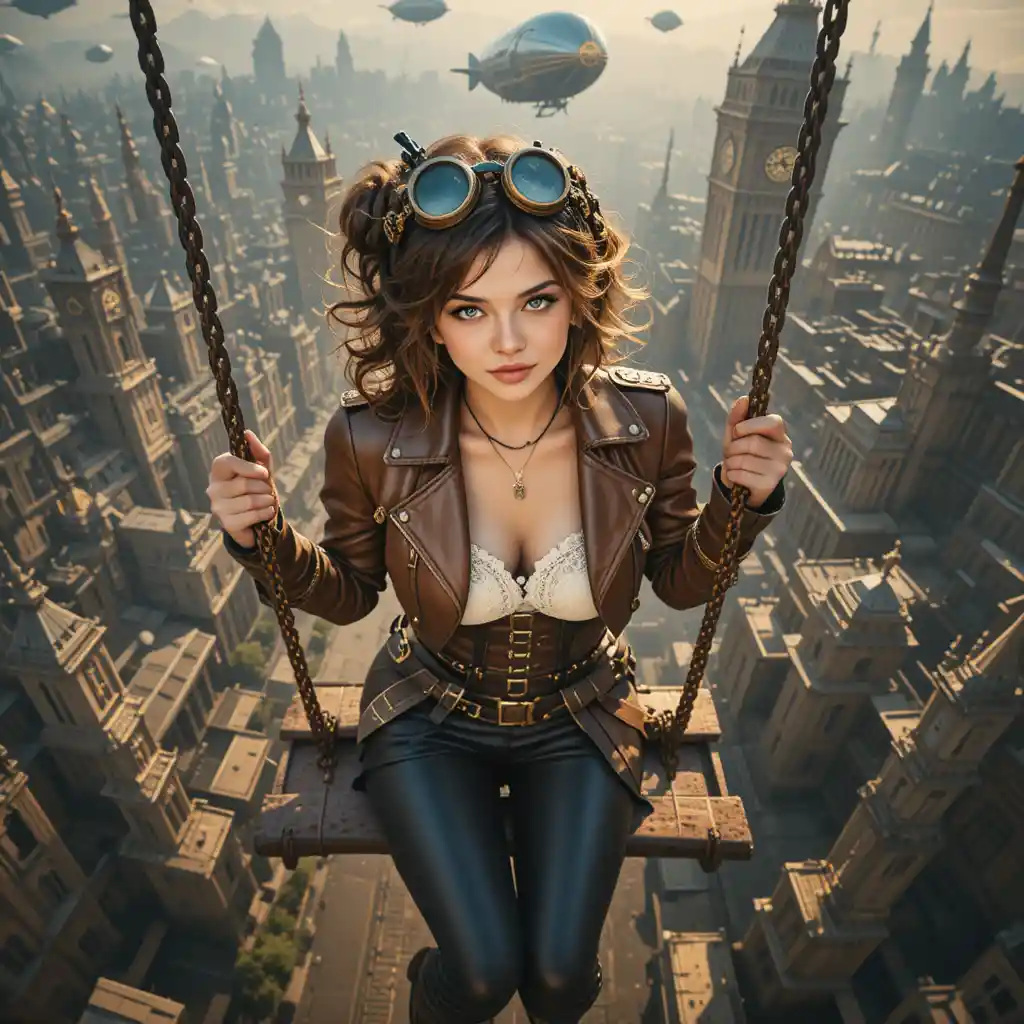Mulher steampunk em um balanço de metal sobre uma vasta cidade fantástica