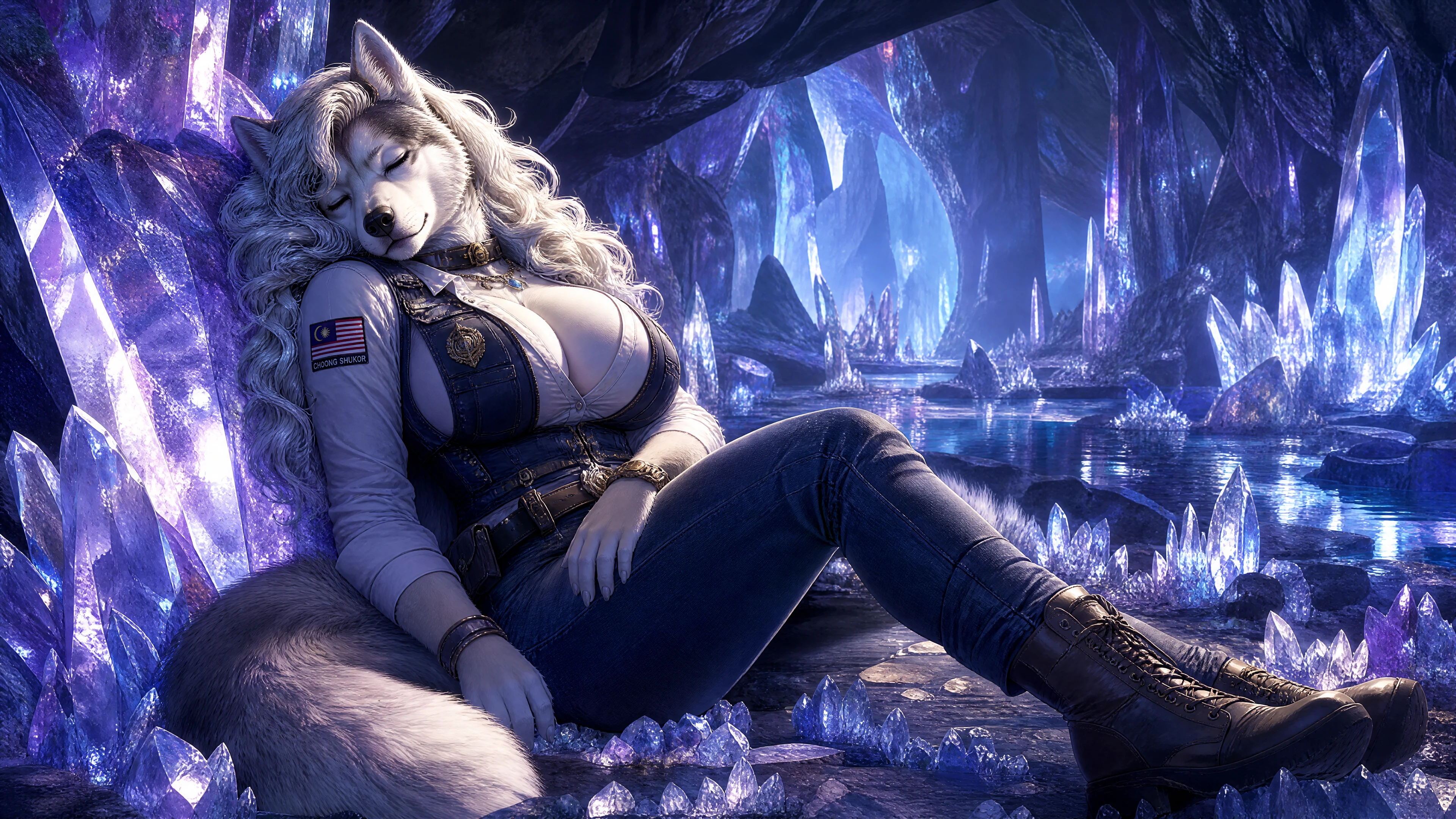 Anthro-Huskyfrau schläft neben einem Kristall in einer riesigen Höhle