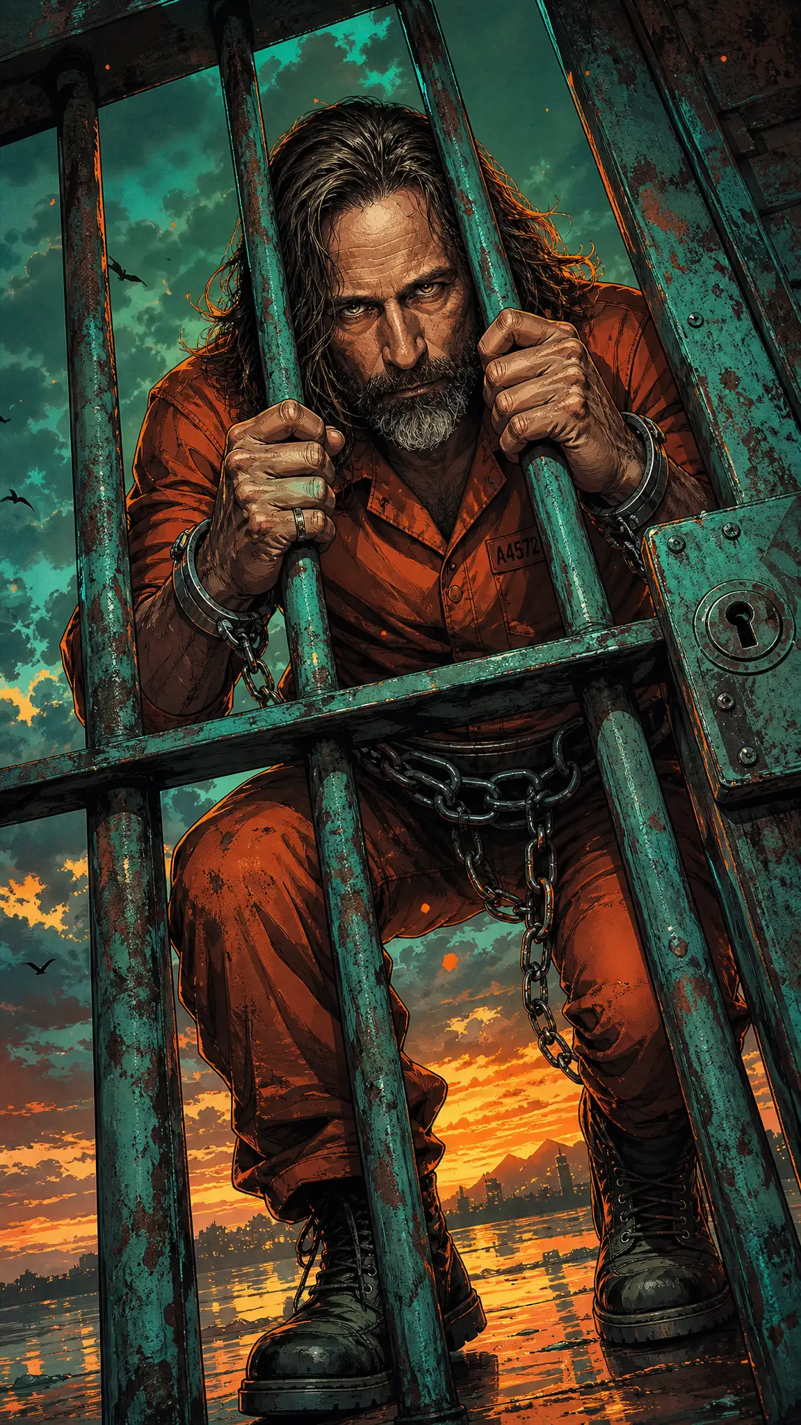 Stylized male prisoner gripping bars in dramatic neon scene