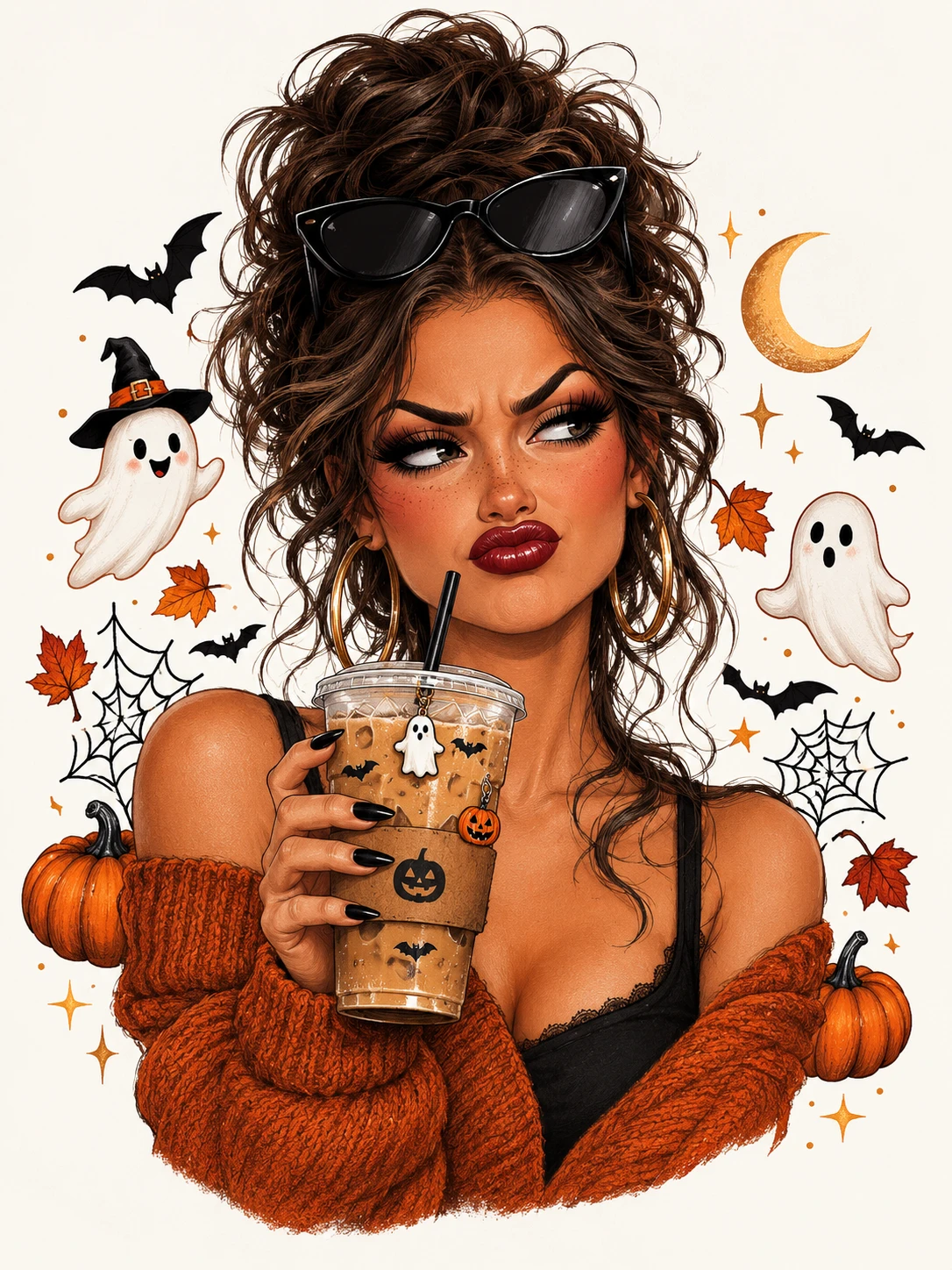 Ilustración Sarcástica de Mujer con Café de Halloween y Bebida Helada