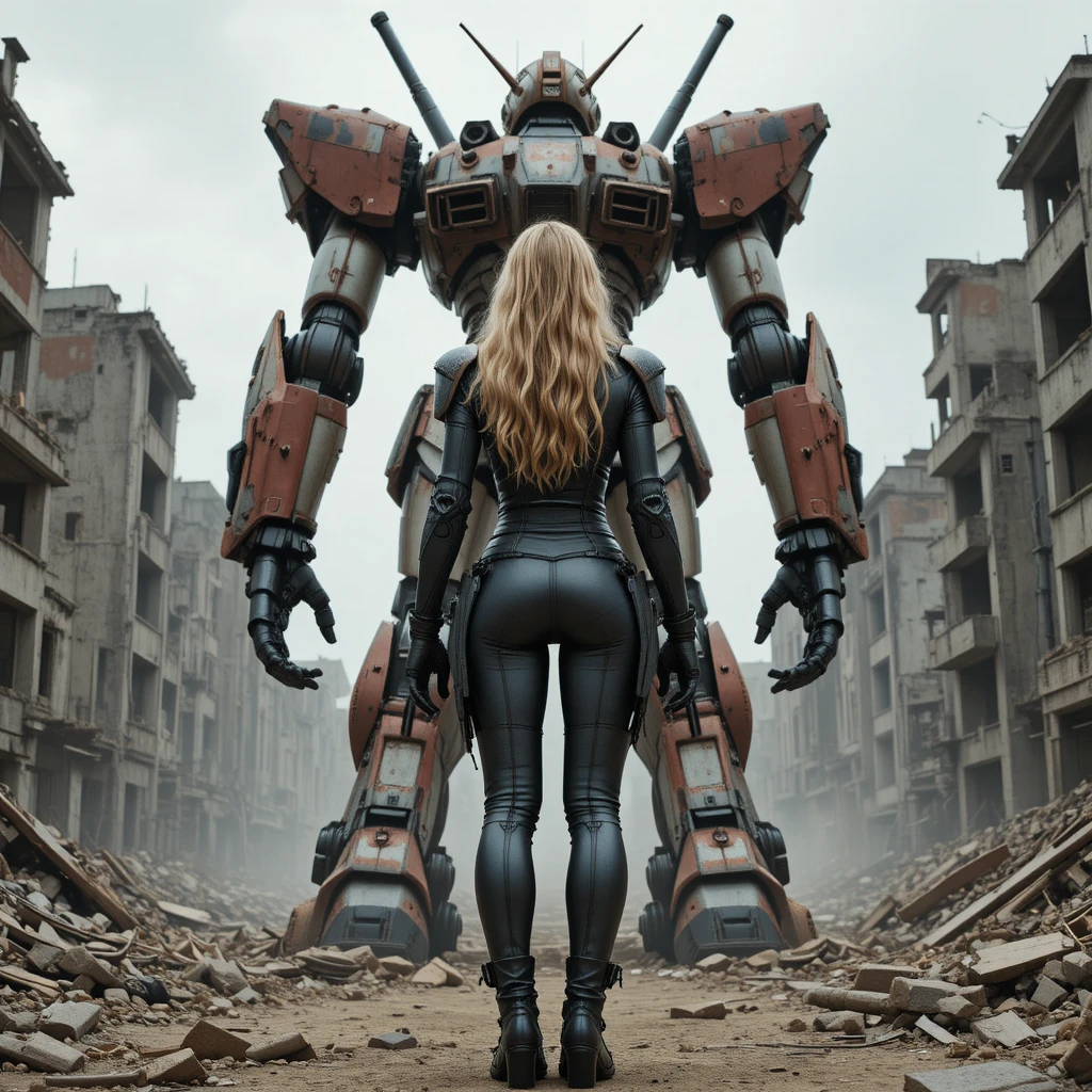 Woman pilot facing giant mecha in ruined futuristic city