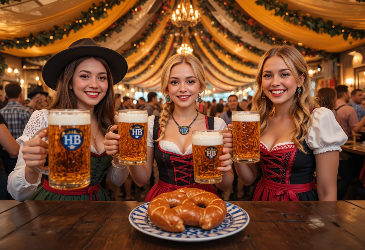 オクトーバーフェストのテントでビールジョッキを掲げて乾杯する3人の友人