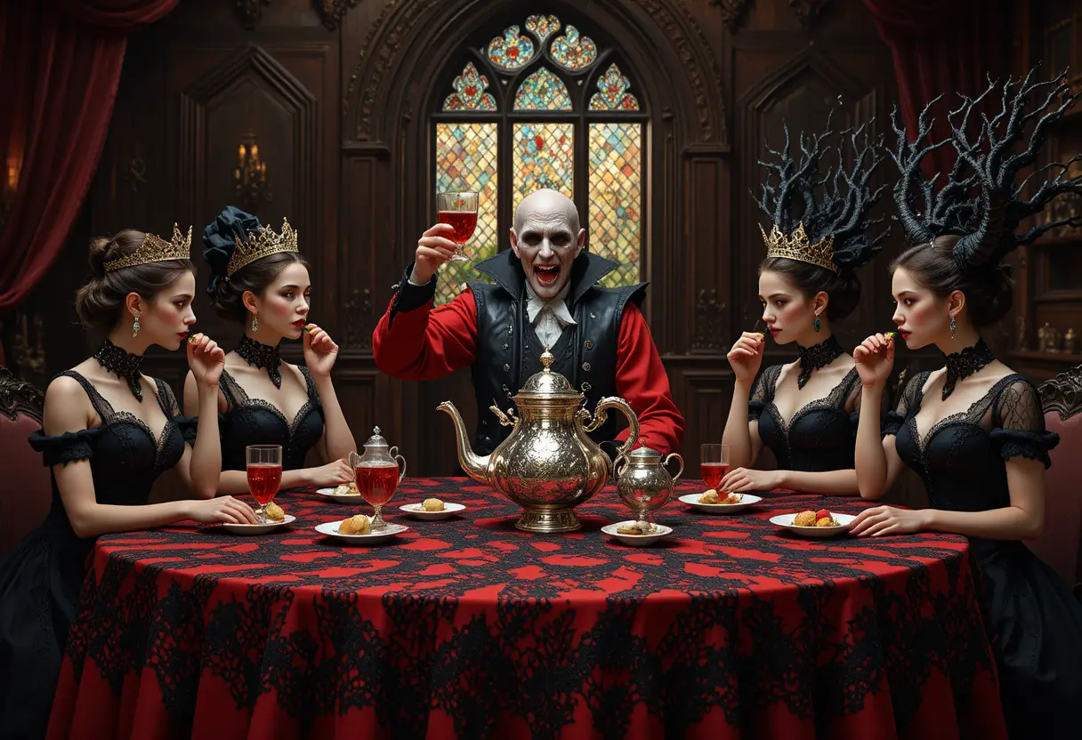 Vampire women share red tea at a gothic royal banquet