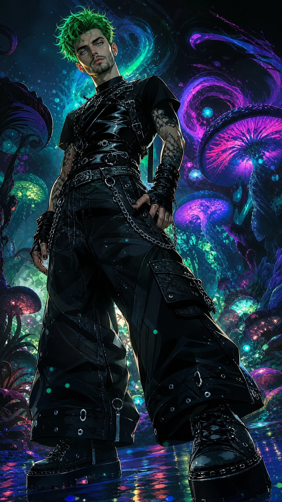 Stylized green haired man in surreal gothic forest