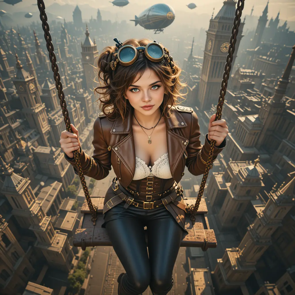 Femme steampunk sur une balançoire en métal au-dessus d’une vaste ville fantastique