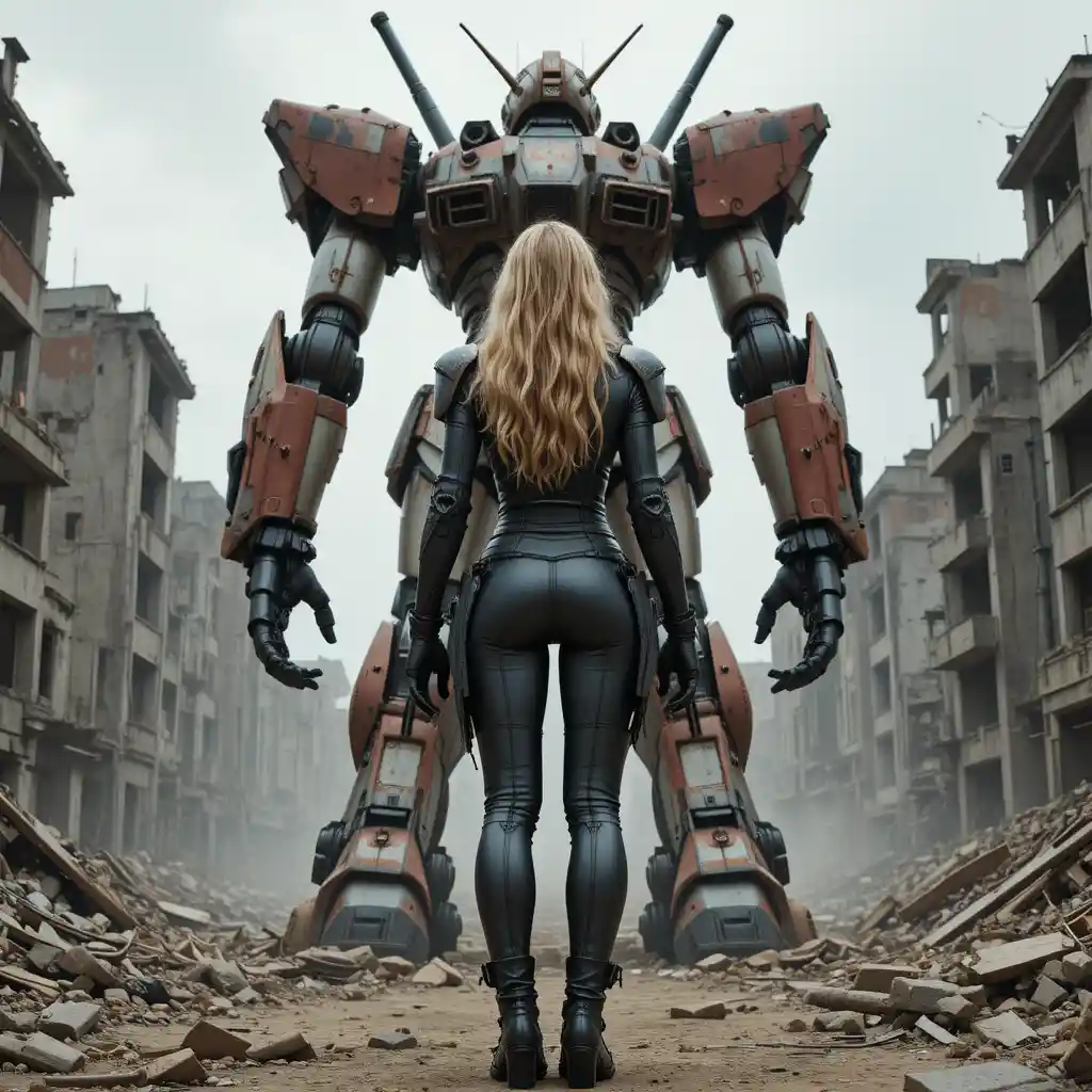 Woman pilot facing giant mecha in ruined futuristic city