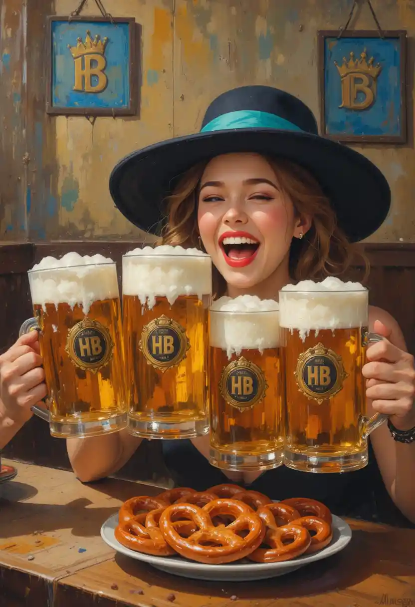Mujer alegre brindando con cerveza en cálida pintura al óleo