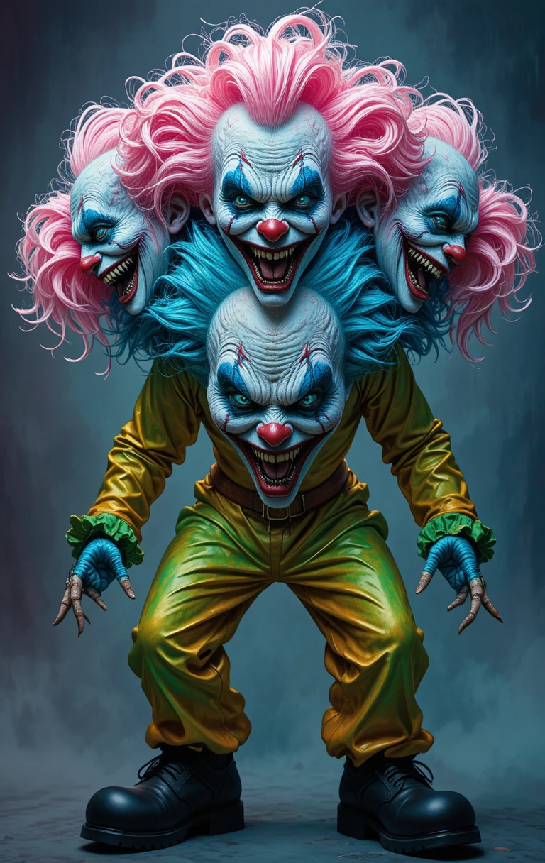 Clown grotesque à plusieurs têtes aux couleurs vives et tordues