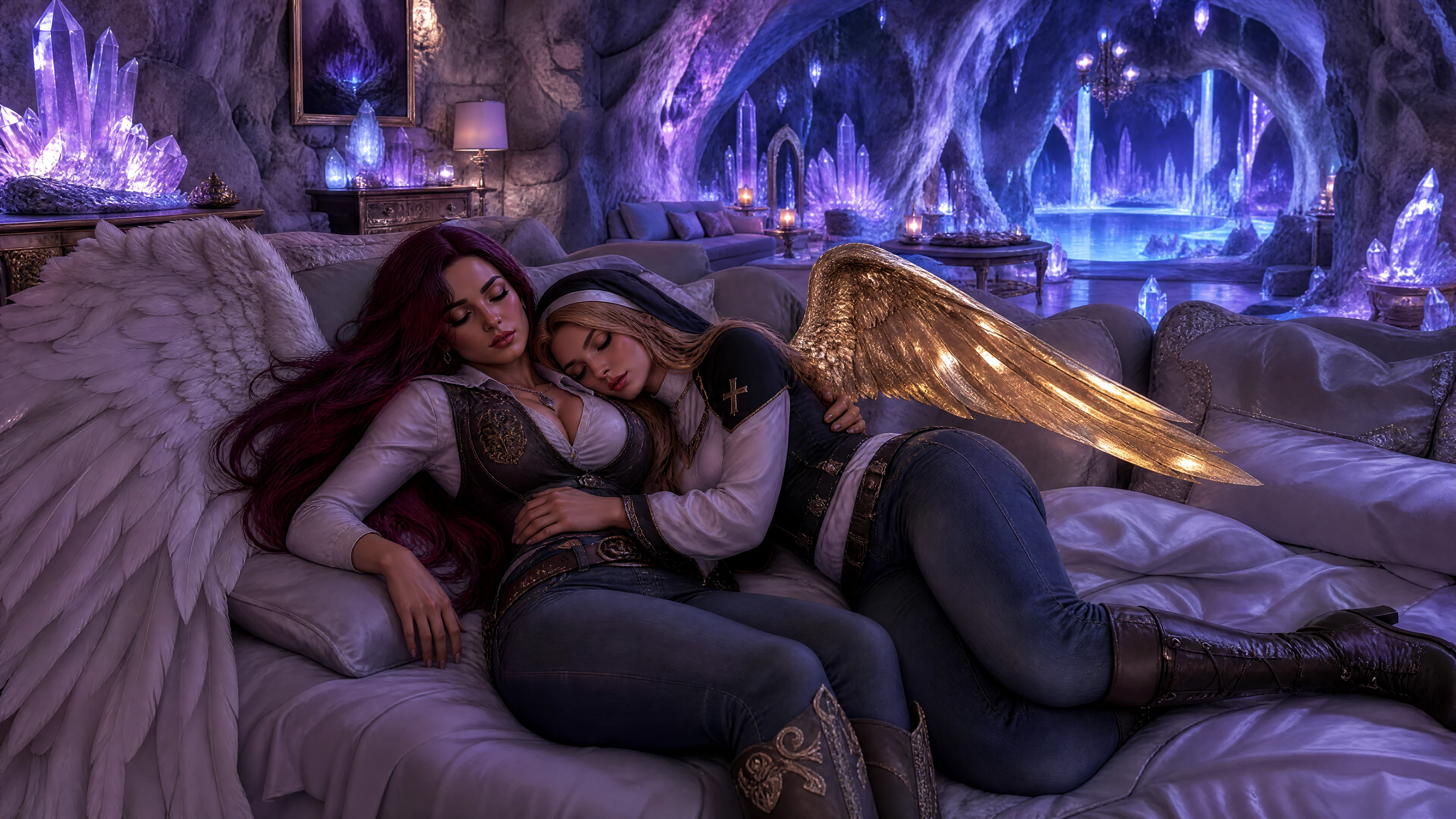 Dos mujeres angelicales durmiendo juntas en una cueva de cristal