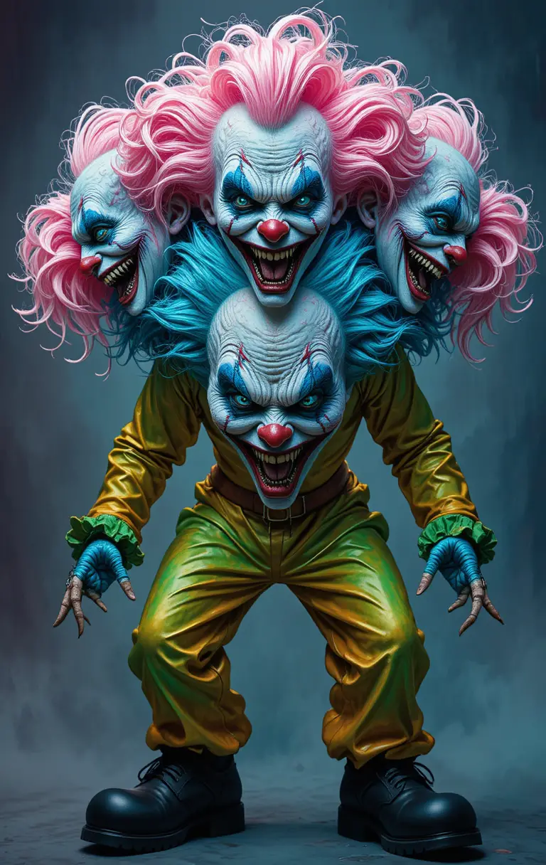 Clown grotesque à plusieurs têtes aux couleurs vives et tordues
