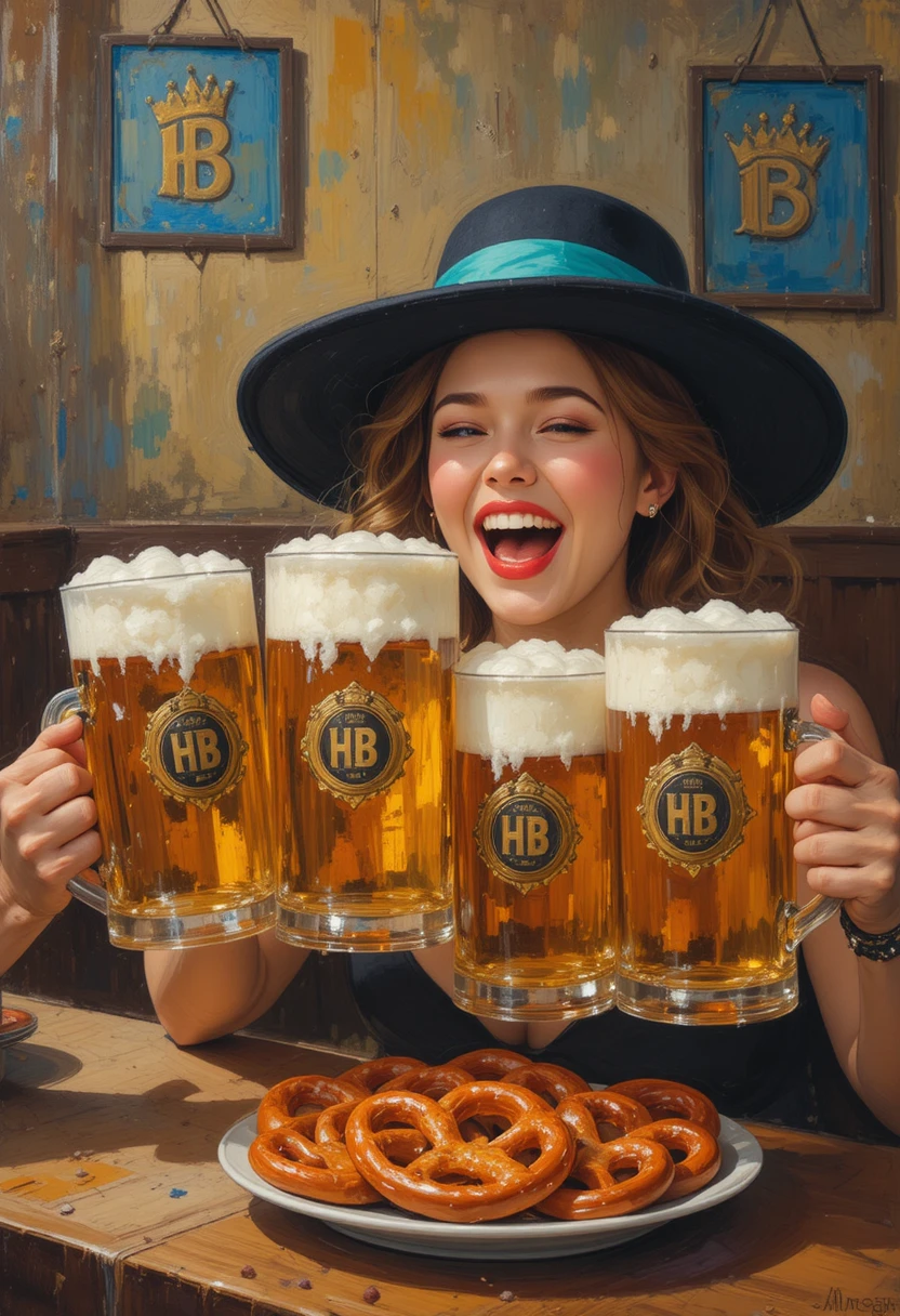 Mujer alegre brindando con cerveza en cálida pintura al óleo