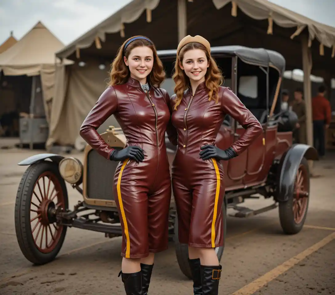 Stylish women posing as drivers on a vintage racetrack