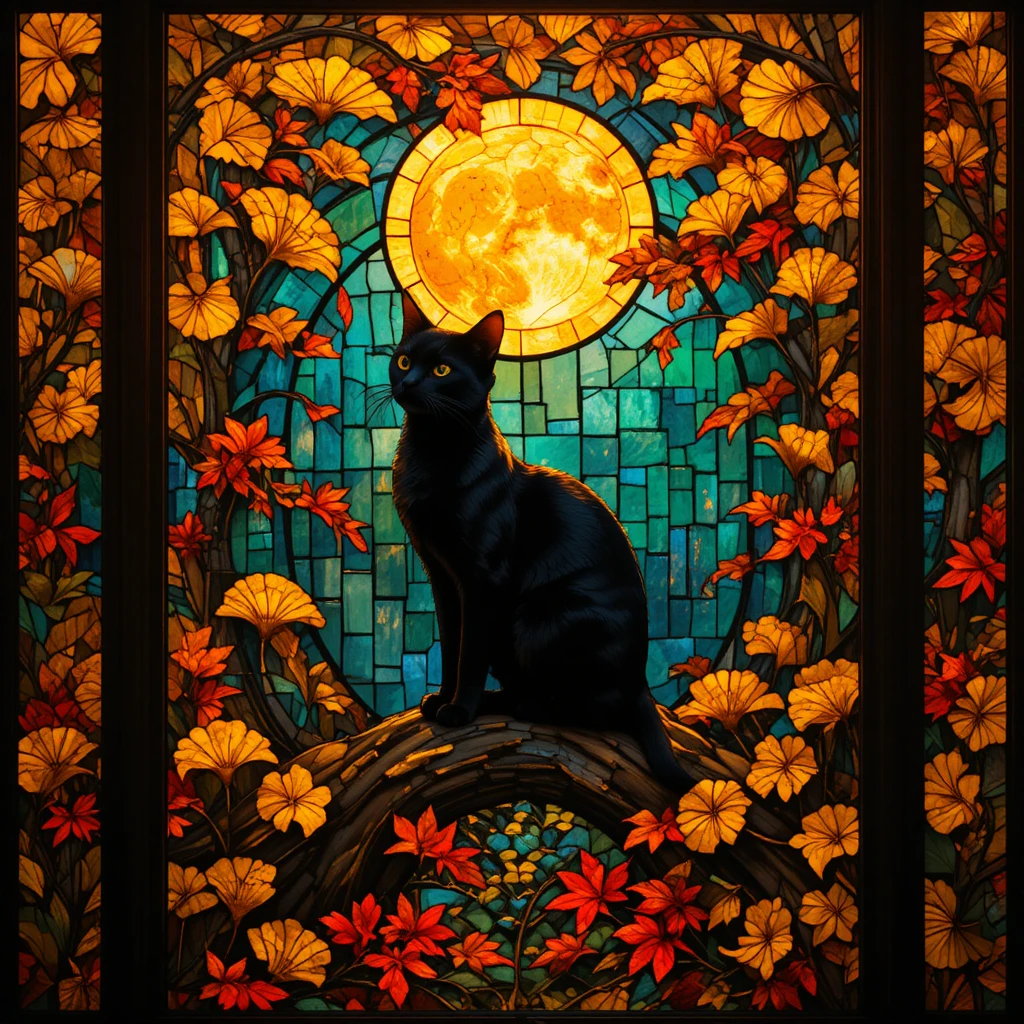 Schwarze Katze im Jugendstil-Buntglas im herbstlichen Mondlicht