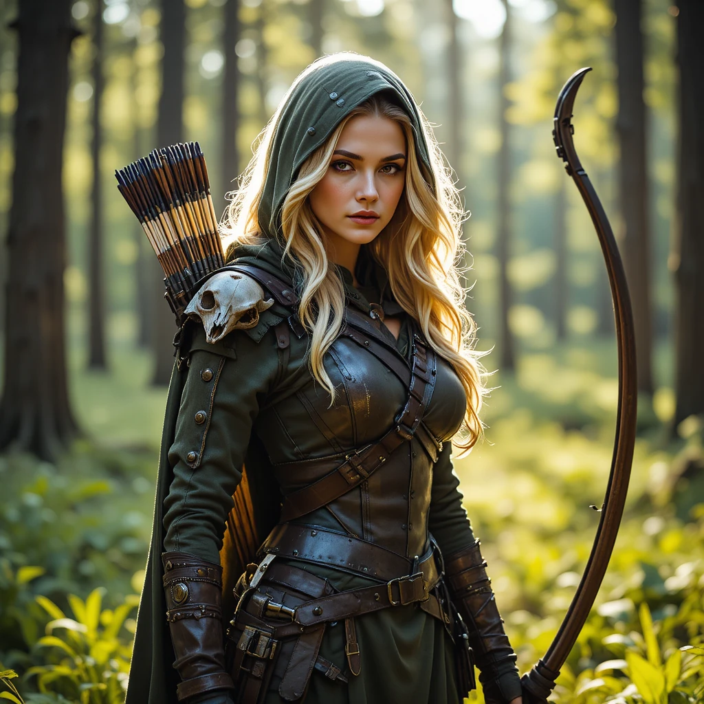 Blonde female ranger with bow in a sunlit forest