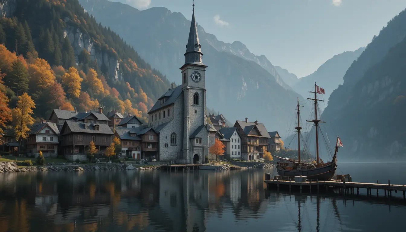 Medieval European lakeside village beneath forested mountains