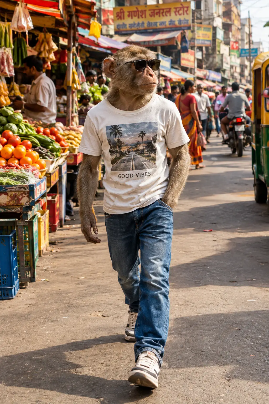 Anthropomorphic Monkey Walking Through Indian Street Market