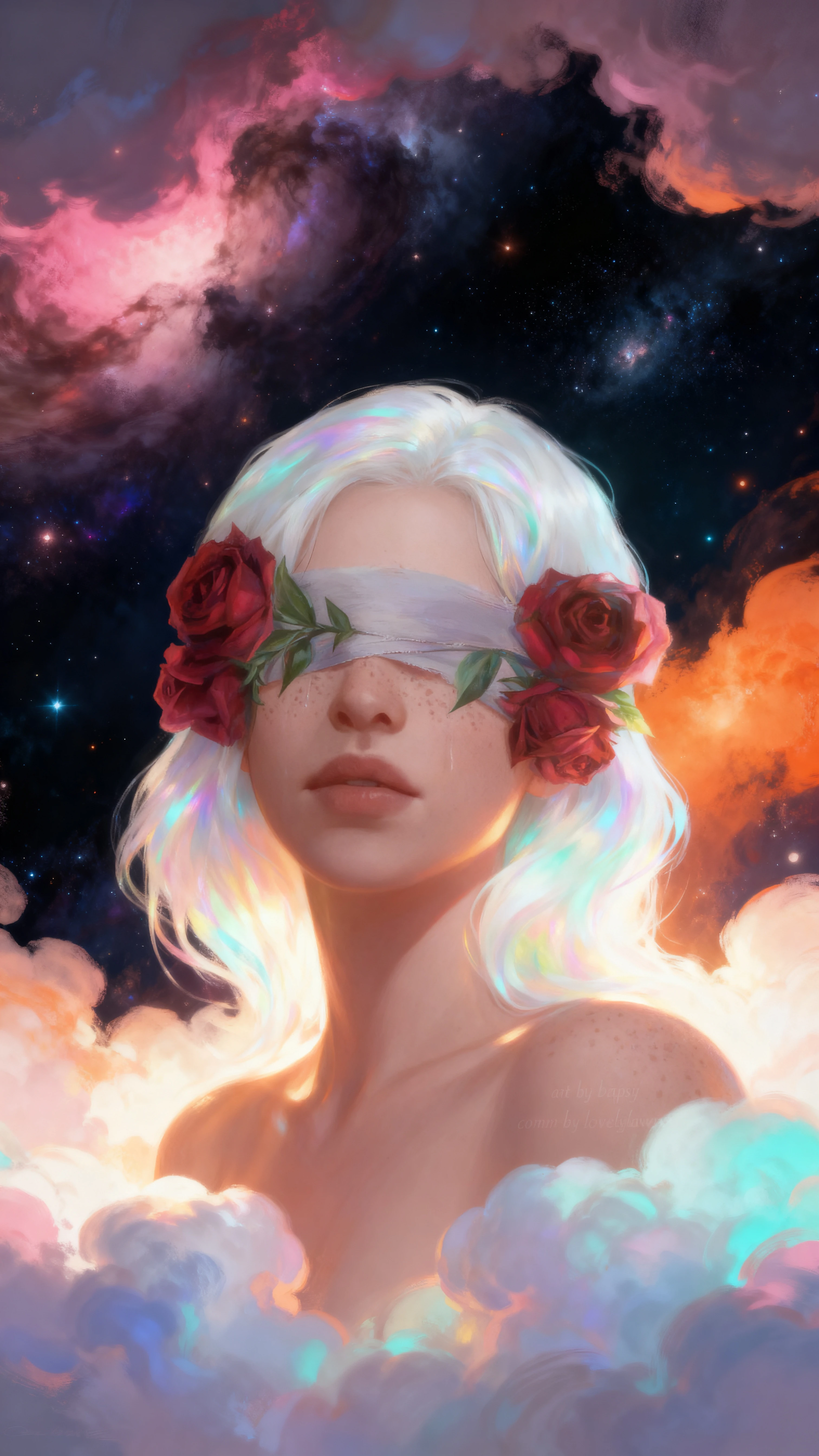 Retrato etéreo de chica con cabello como nubes en el espacio cósmico