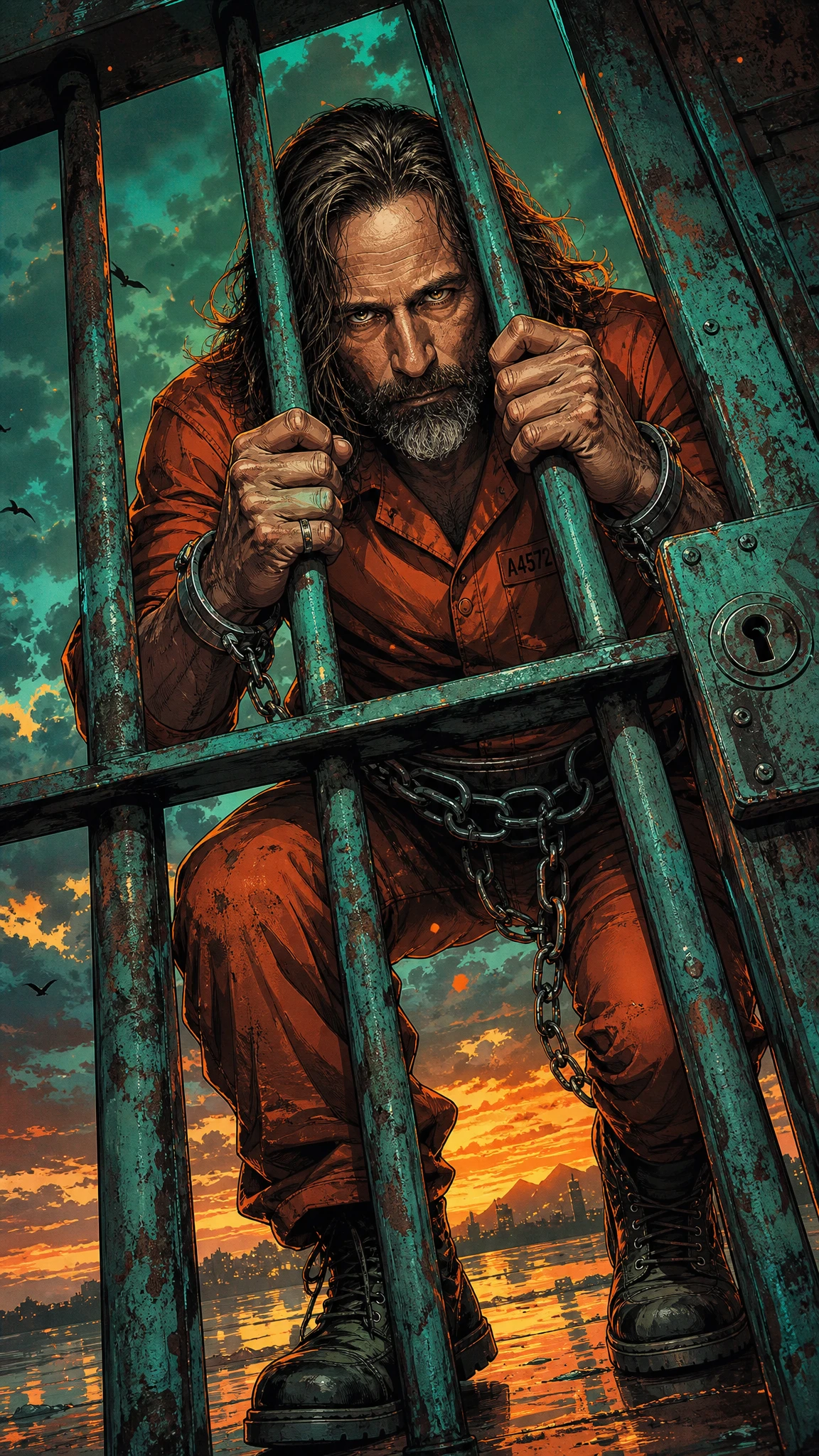 Stylized male prisoner gripping bars in dramatic neon scene