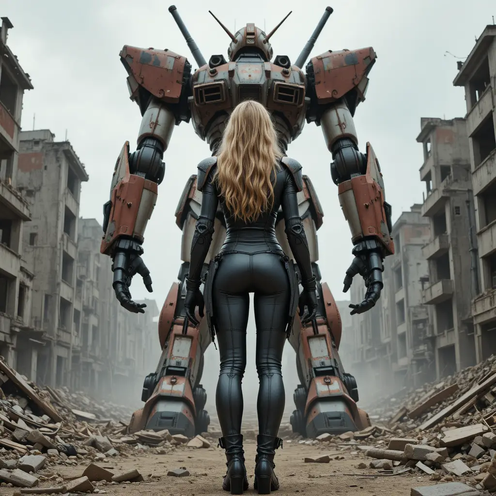 Woman pilot facing giant mecha in ruined futuristic city