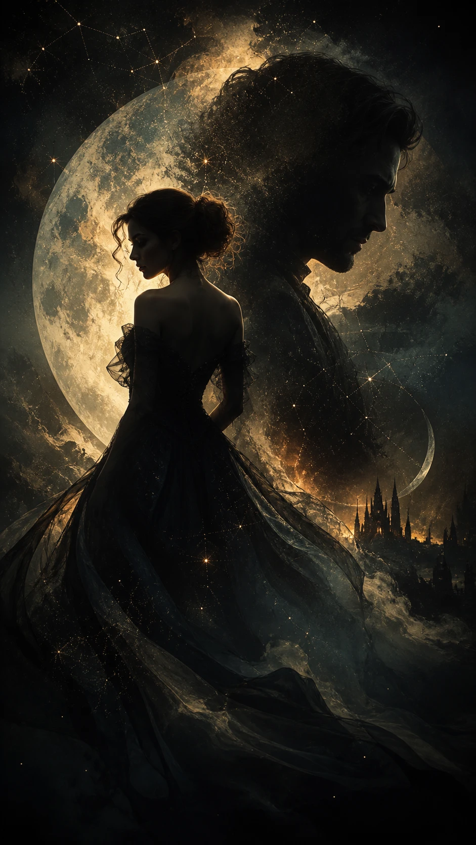 Cinematic fantasy silhouettes in dramatic backlit smoke