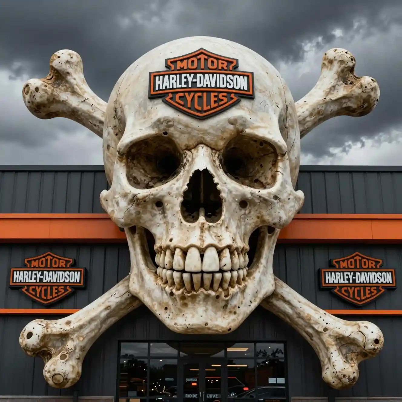 Fachada con calavera y huesos cruzados gigante en un edificio comercial oscuro