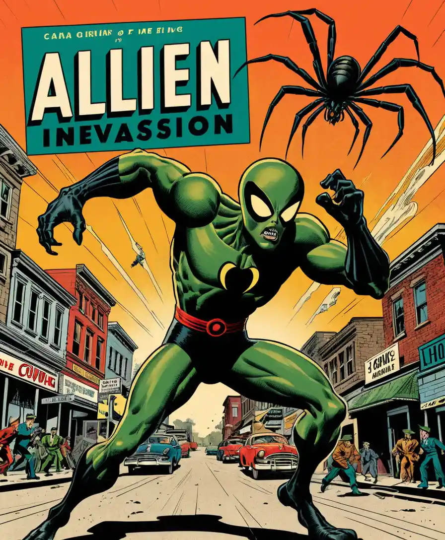 Vintage superhero battles giant spiders on city street