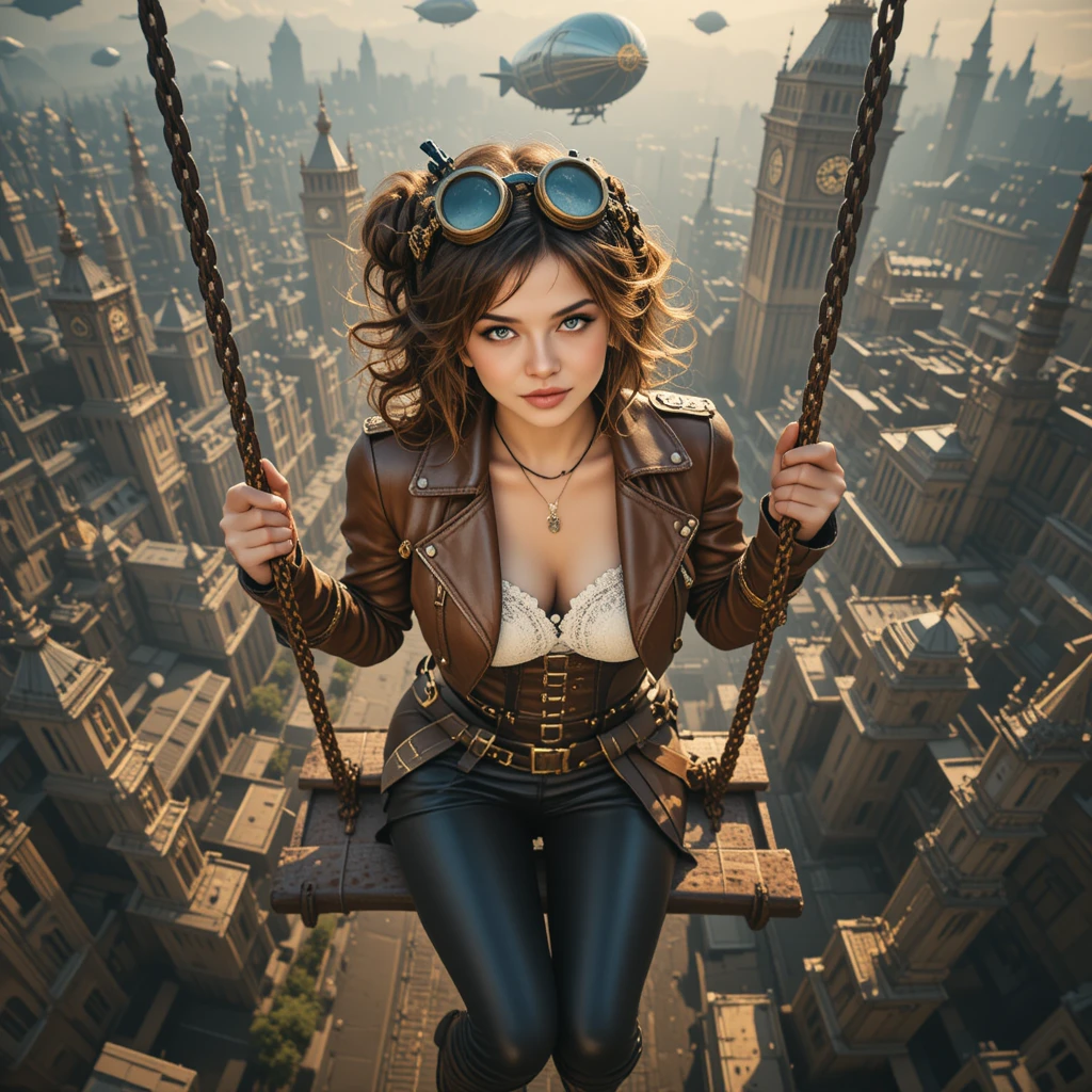 Mujer steampunk en un columpio de metal sobre una vasta ciudad de fantasía