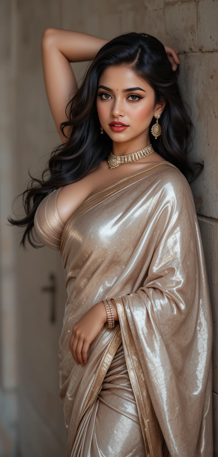 Seductive Indian woman in glossy saree against wall