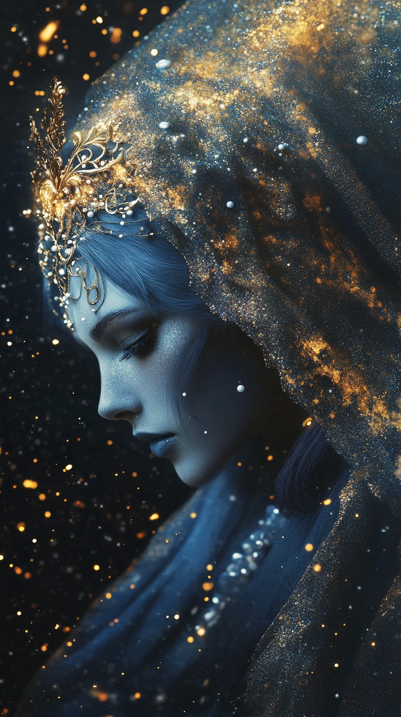 Mujer mística de piel azul coronada con oro y perlas