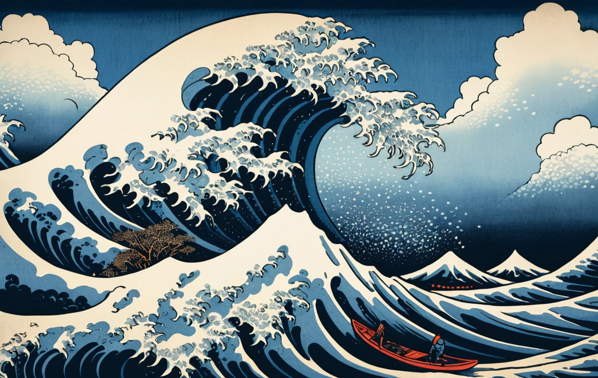 Surfer Riding A Colossal Wave In Japanese Woodblock Style