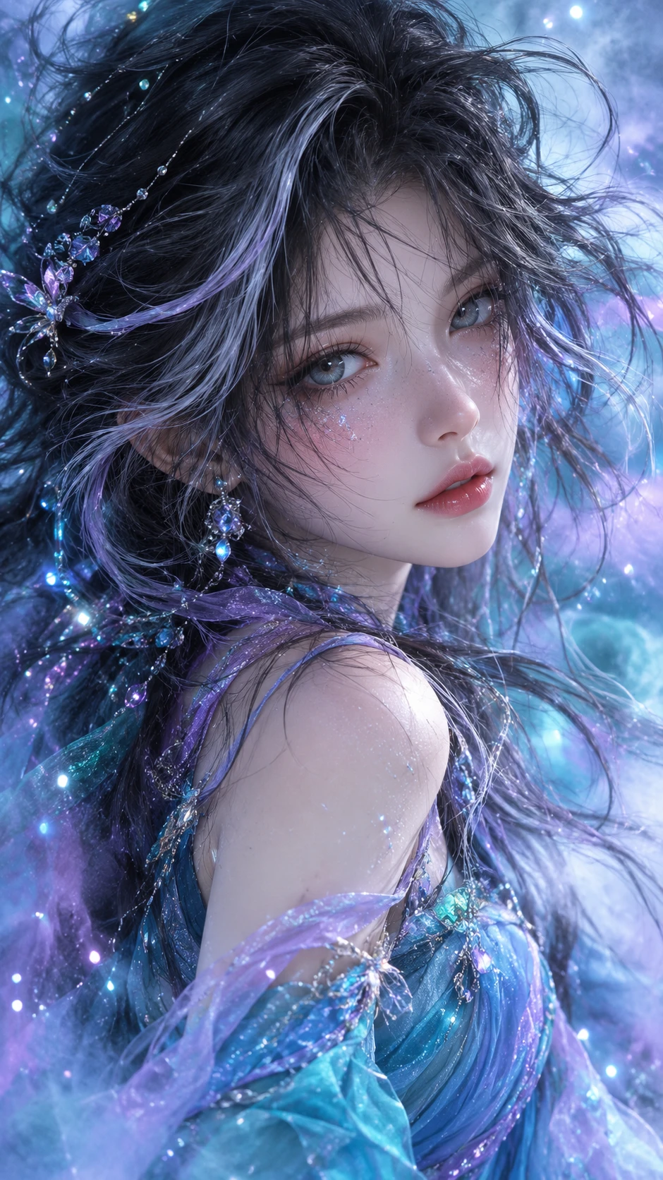 Chica de ojos grises con cabello salvaje en colores brillantes