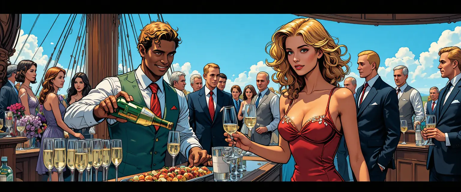 Bartender Pouring Champagne At A Stylish Comic Cocktail Party