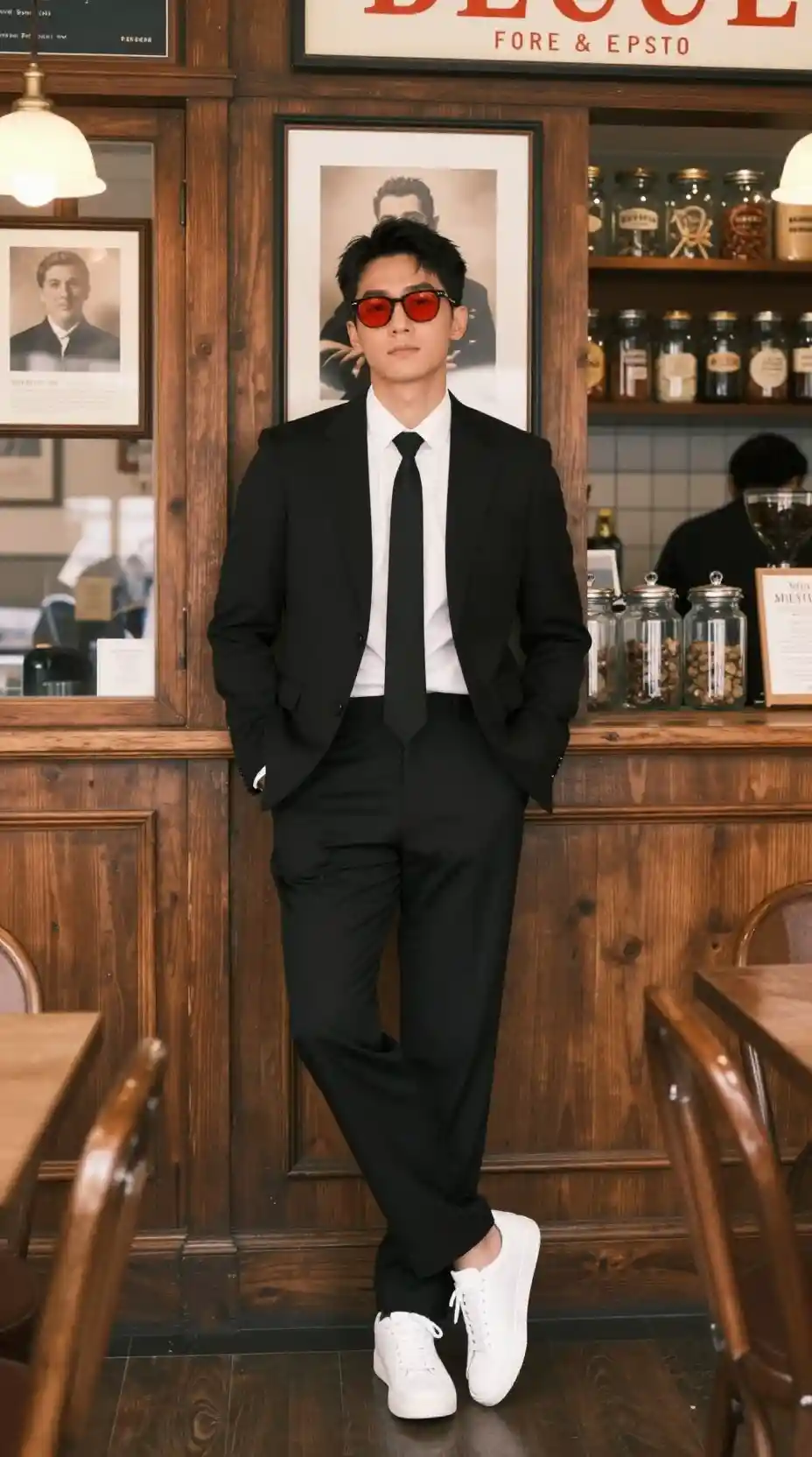 Mujer elegante con chaqueta negra posando en un café vintage