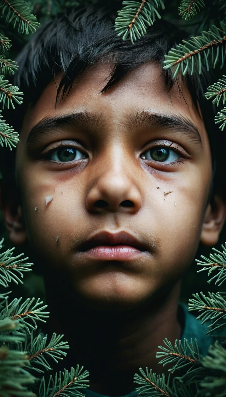 Surreal double exposure of a boy with forest visage
