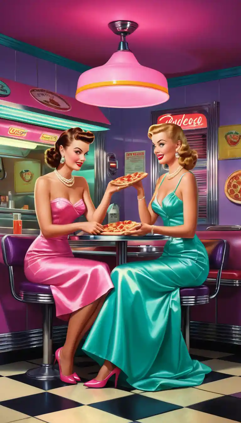 Elegante polpo al neon in una tavola calda retrò che gusta una pizza al mango