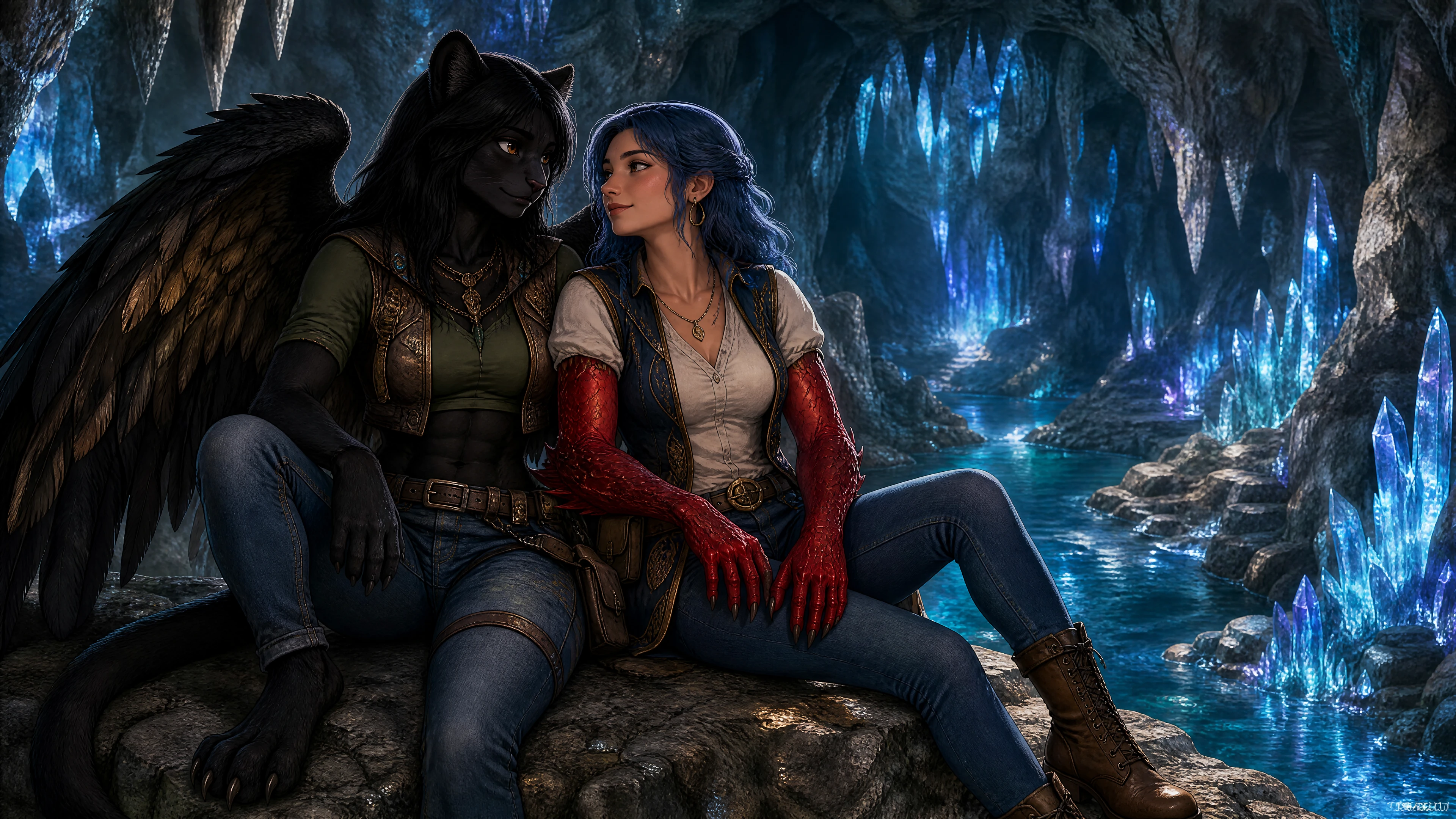 Zwei Fantasy-Frauen über einem Kristallhöhlenfluss