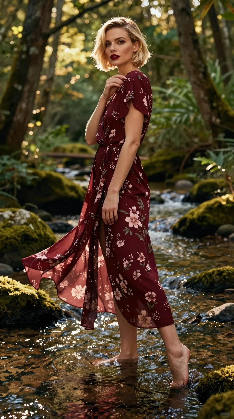 Elegant woman in red dress standing in forest stream