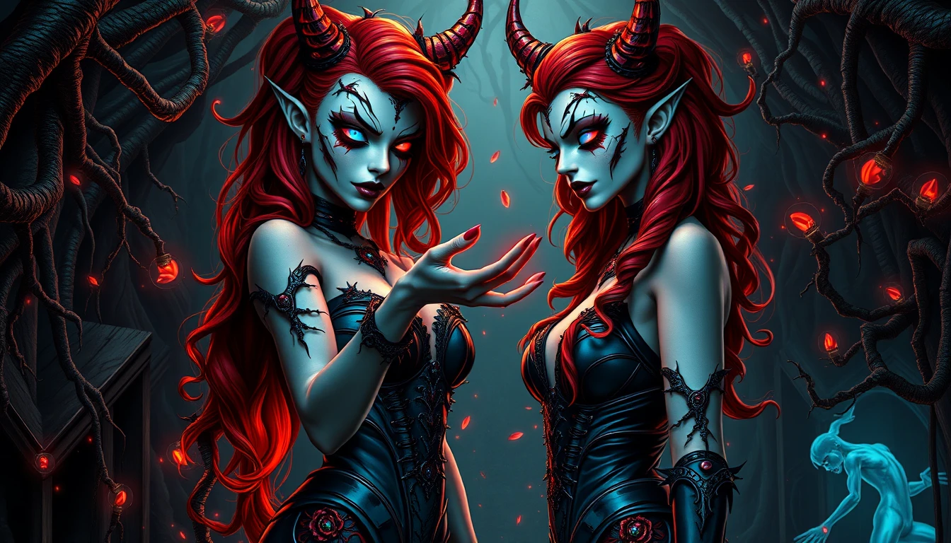 Mujeres demoníacas enfrentándose en un inframundo surrealista