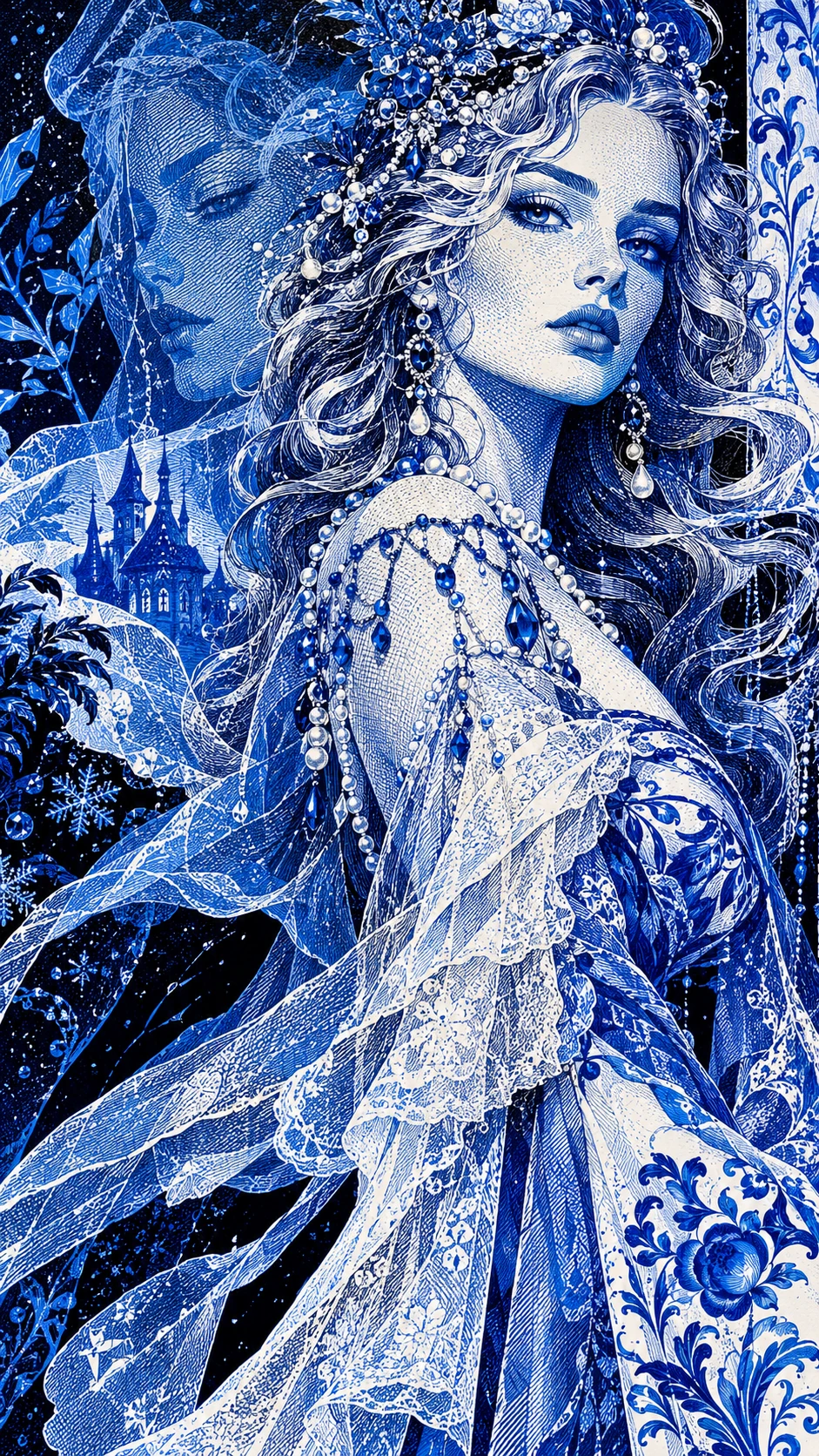 Mística mujer azul de fantasía que emerge en pop art grabado
